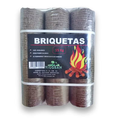 Venta de leña barata y carbón vegetal en Madrid a domicilio - Ricosan Carborec - Paquete de briquetas de madera de 15 kgs